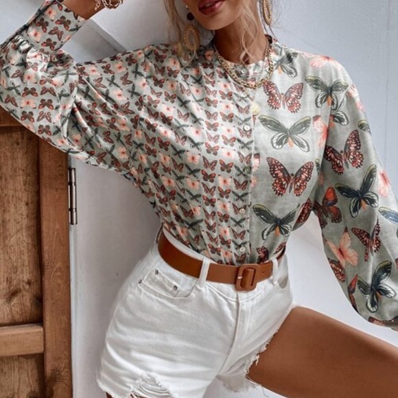BOHO DOLLZ Butterfly Print Button Front Blouse - Picture 6 of 8